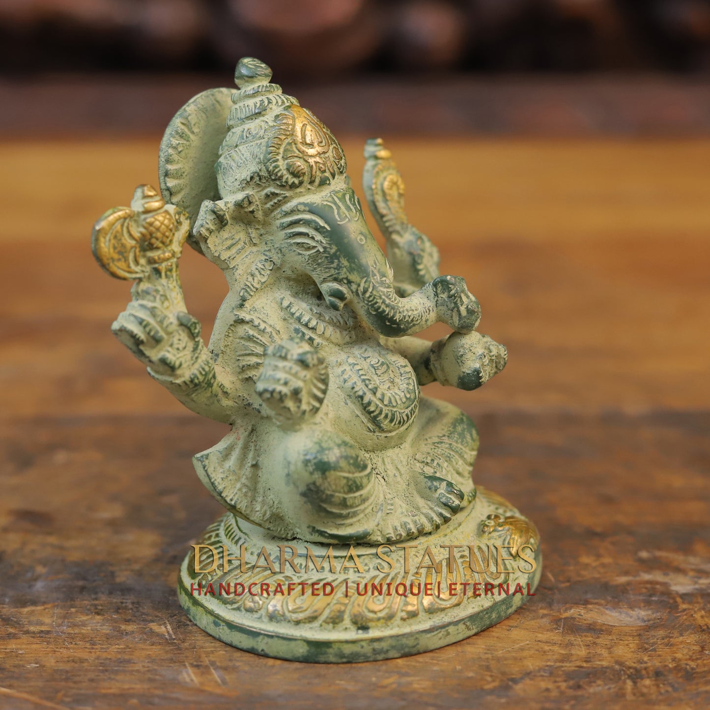 Brass Ganesh Statue, Seated on a Lotus, Green patina Finish 5"