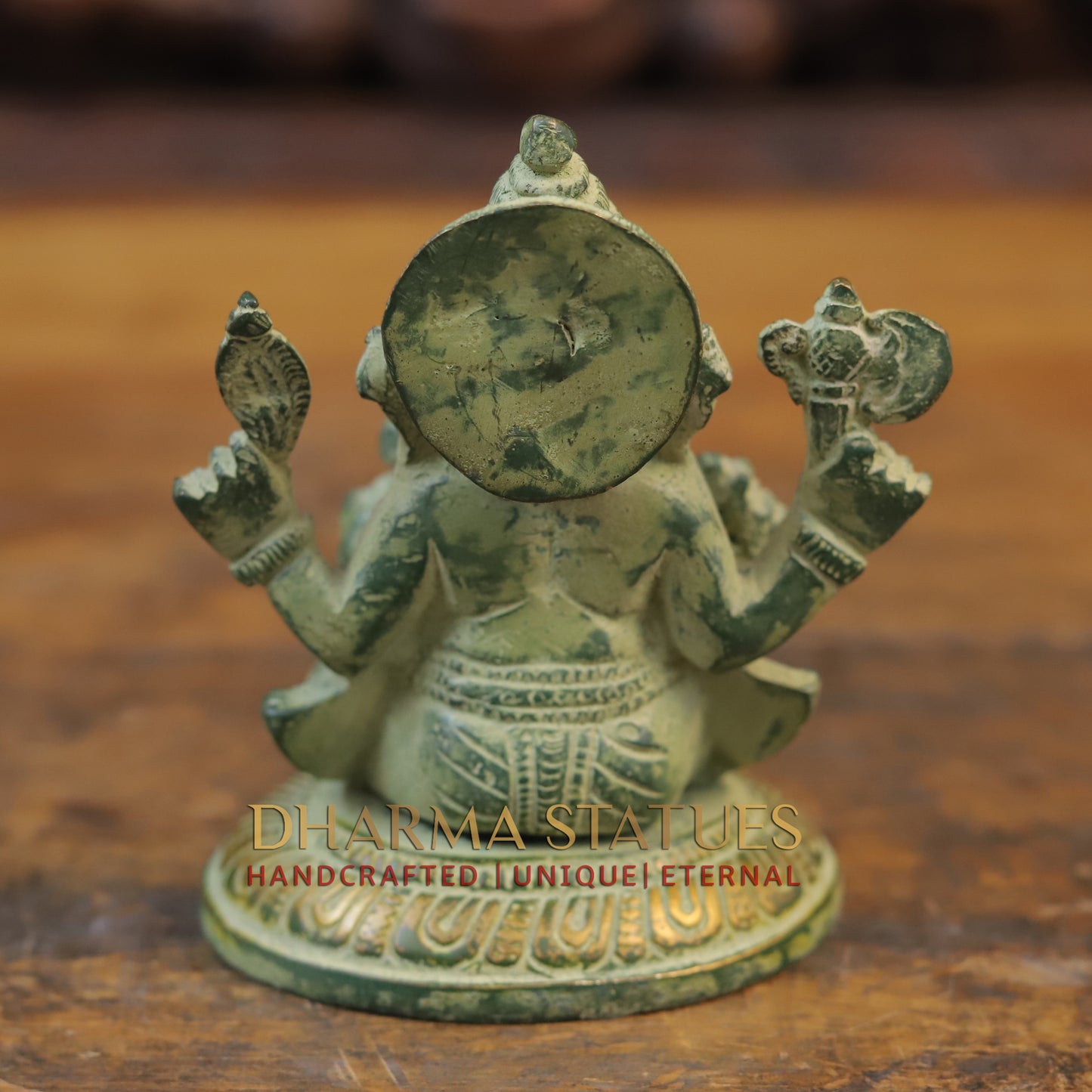 Brass Ganesh Statue, Seated on a Lotus, Green patina Finish 5"