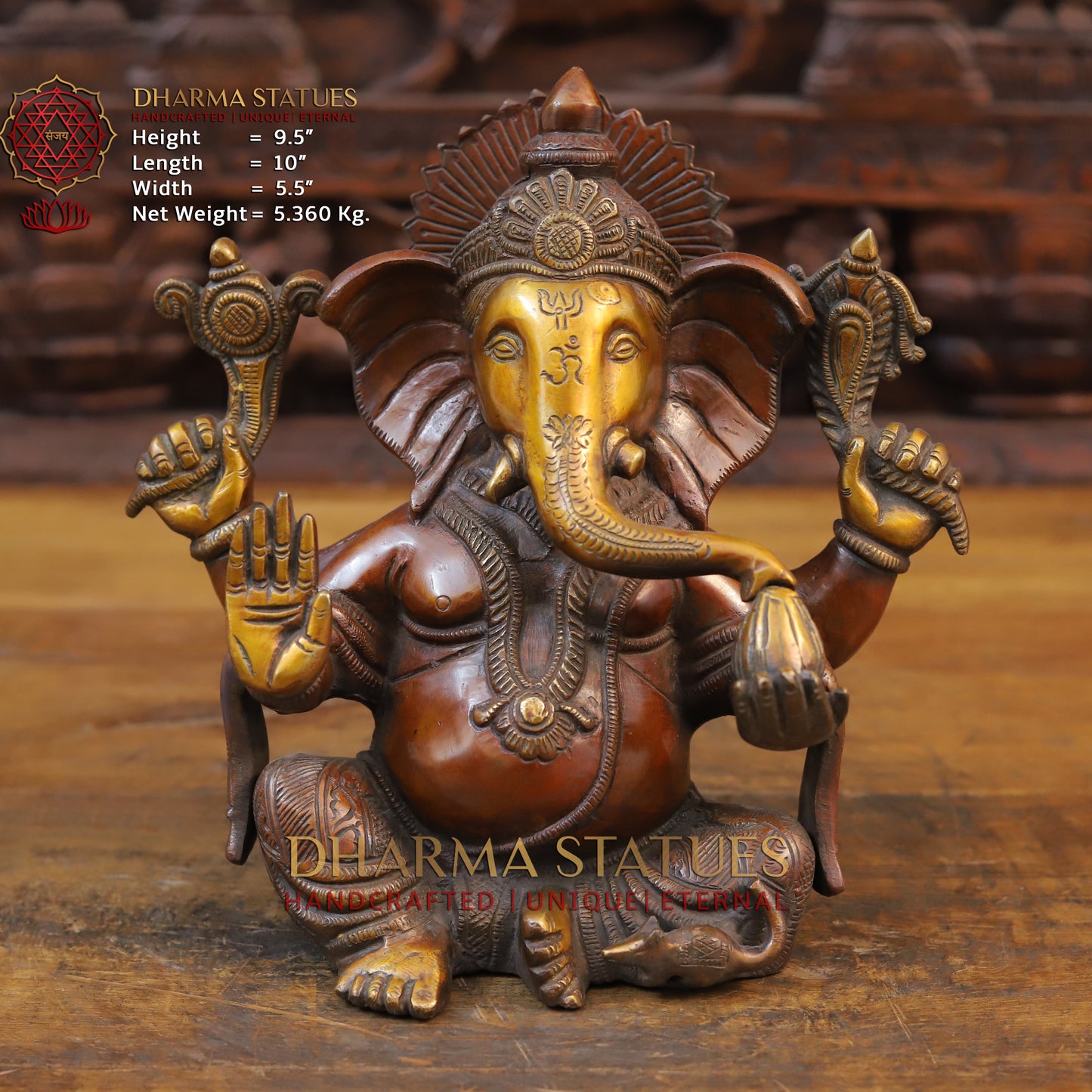Brass Ganesh Idol, Blessing Posture, Copper and Gold Finish 9.5"
