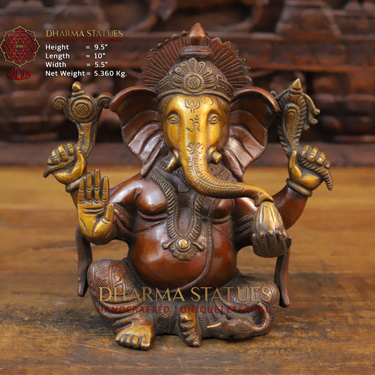 Brass Ganesh Idol, Blessing Posture, Copper and Gold Finish 9.5"