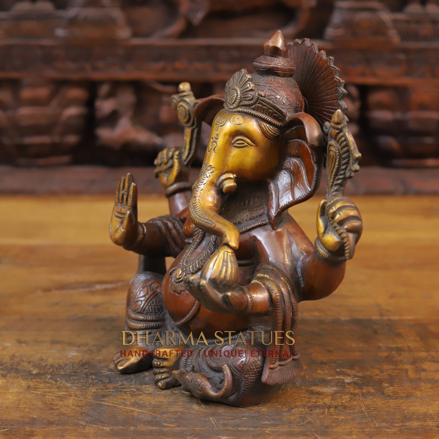 Brass Ganesh Idol, Blessing Posture, Copper and Gold Finish 9.5"