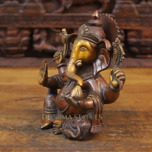 Brass Ganesh Idol, Blessing Posture, Copper and Gold Finish 9.5"