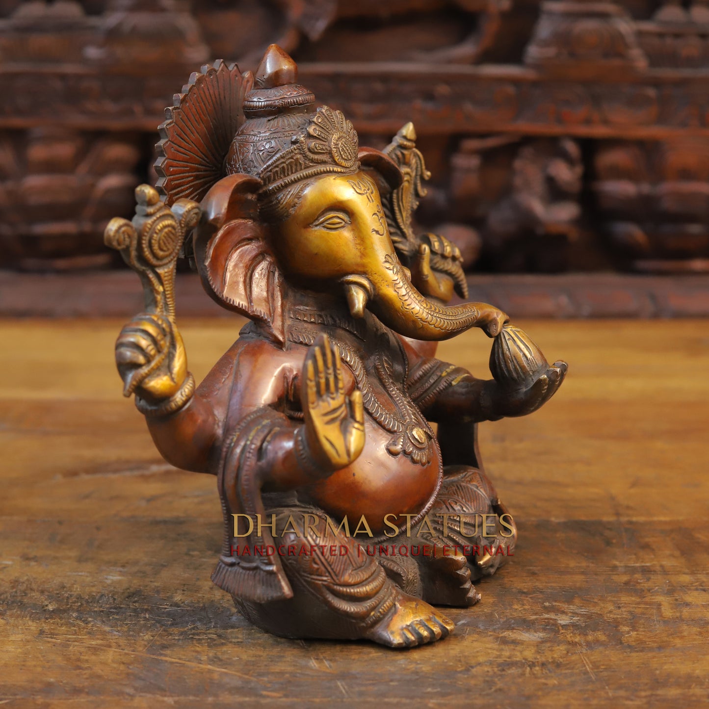 Brass Ganesh Idol, Blessing Posture, Copper and Gold Finish 9.5"