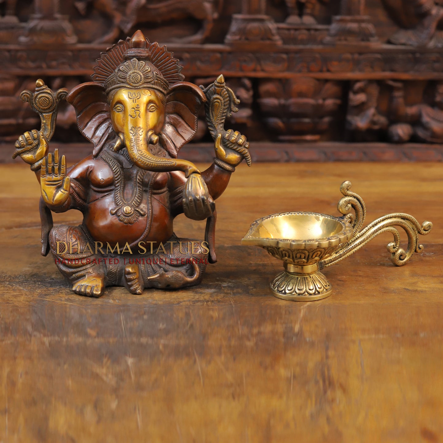 Brass Ganesh Idol, Blessing Posture, Copper and Gold Finish 9.5"
