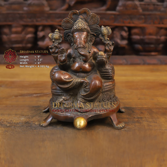 Brass Ganesh Statue, Seated on a tortoise, Copper finish 9"