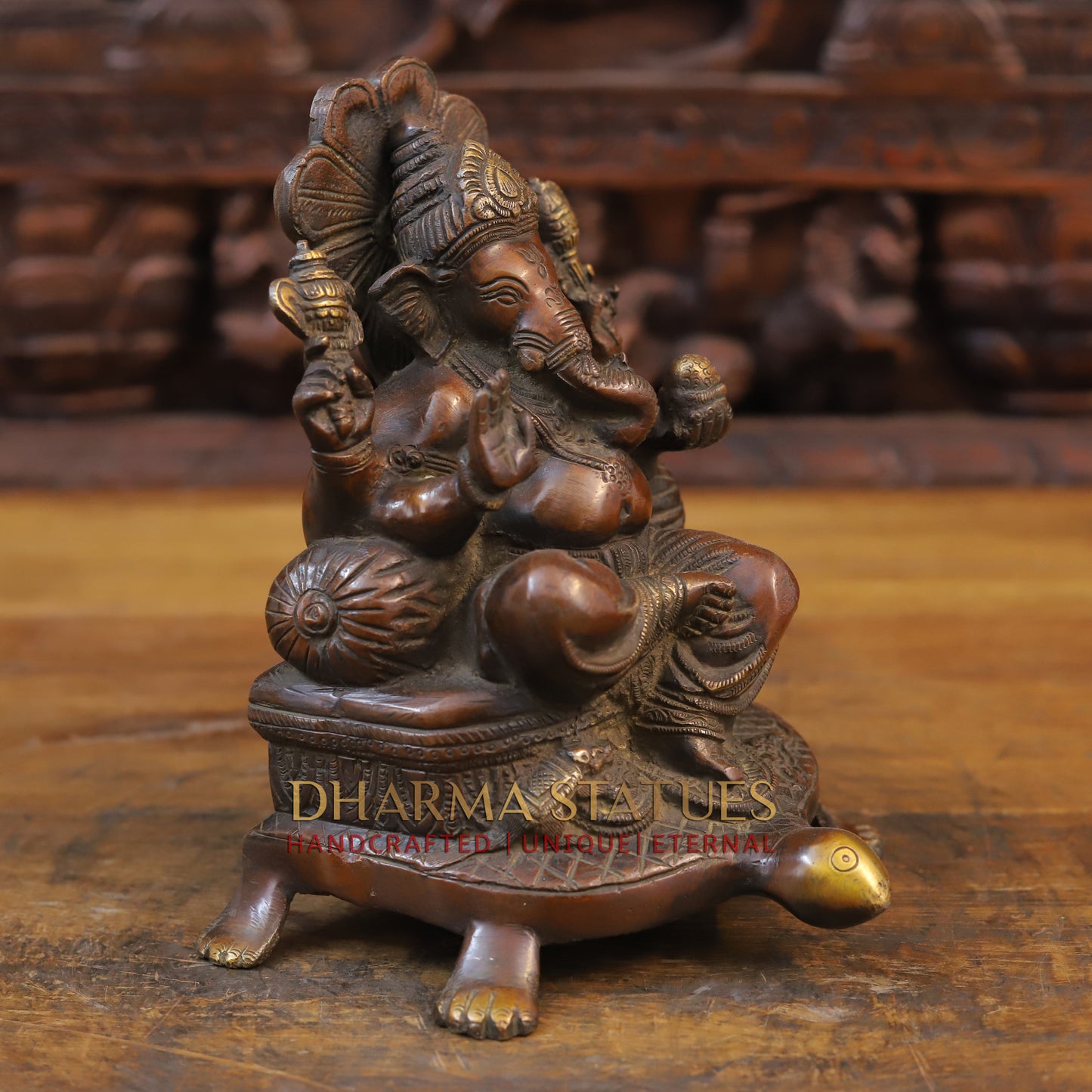 Brass Ganesh Statue, Seated on a tortoise, Copper finish 9"