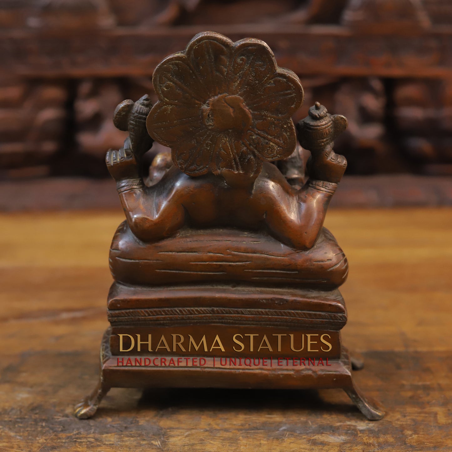 Brass Ganesh Statue, Seated on a tortoise, Copper finish 9"