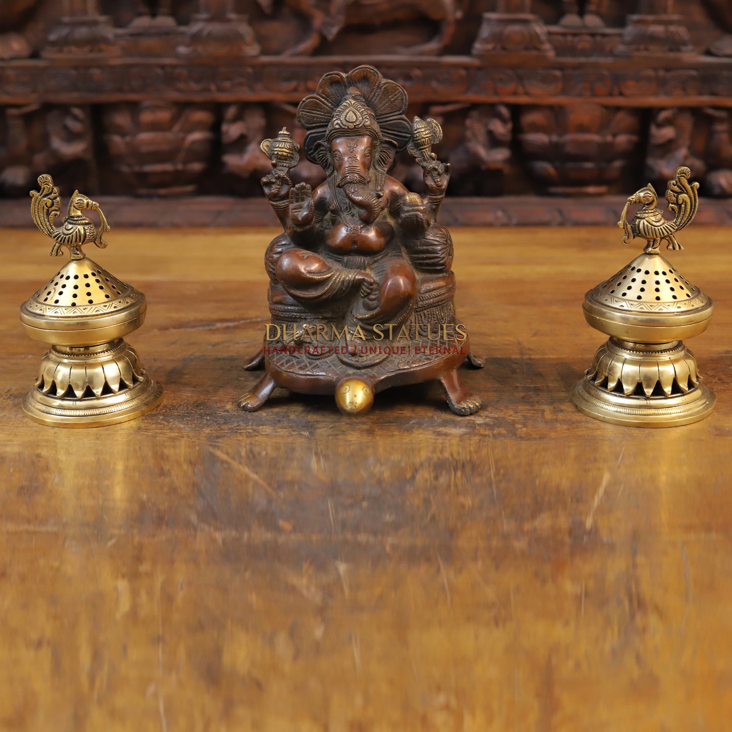 Brass Ganesh Statue, Seated on a tortoise, Copper finish 9"