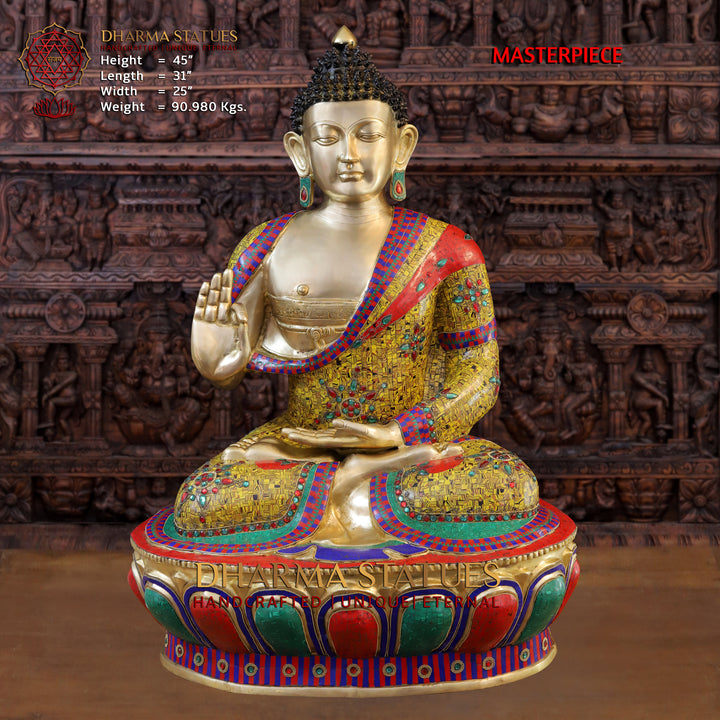 Brass Buddha seated in Blessing Posture, Tiger Eye Stone Work 45"