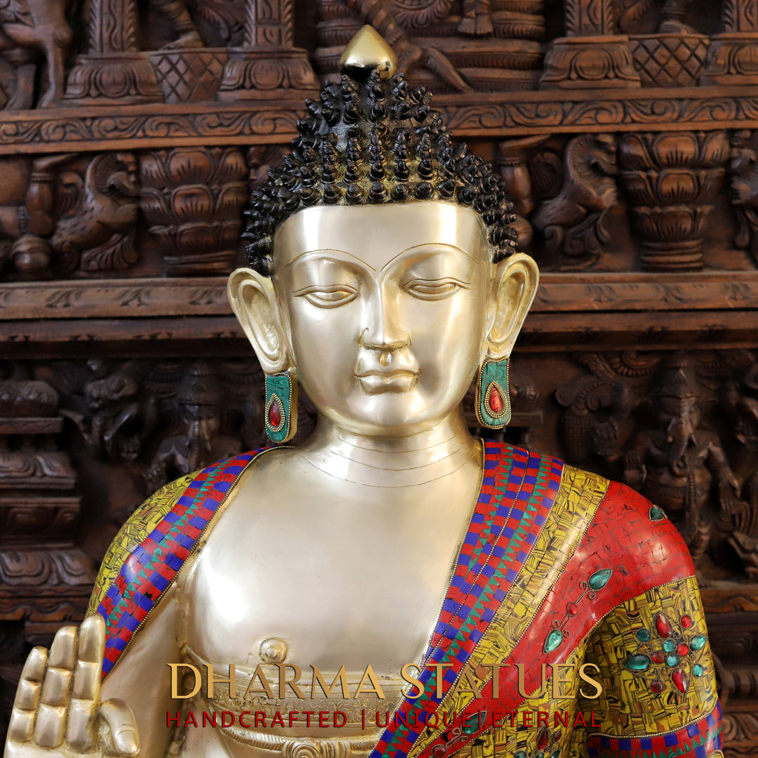 Brass Buddha seated in Blessing Posture, Tiger Eye Stone Work 45"