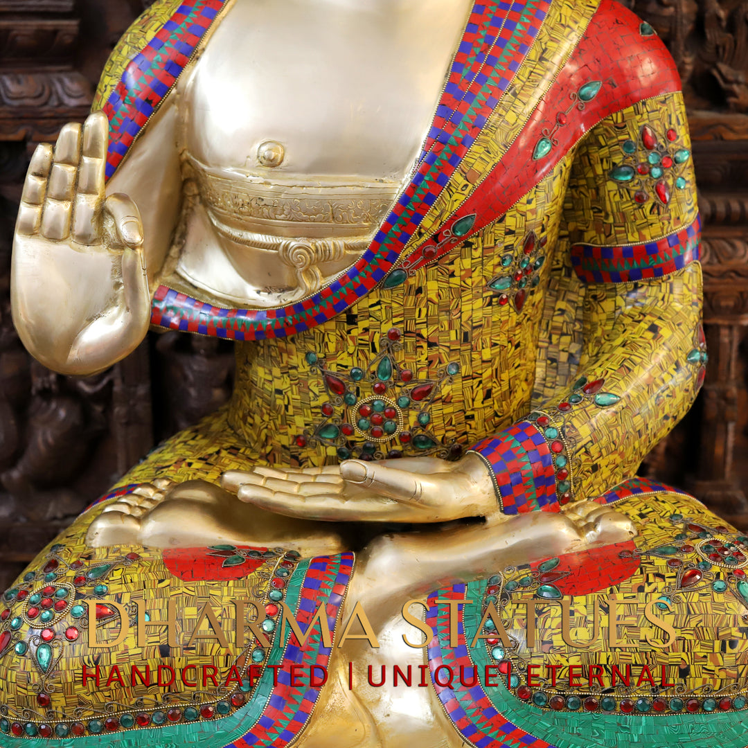 Brass Buddha seated in Blessing Posture, Tiger Eye Stone Work 45"