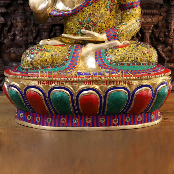 Brass Buddha seated in Blessing Posture, Tiger Eye Stone Work 45"