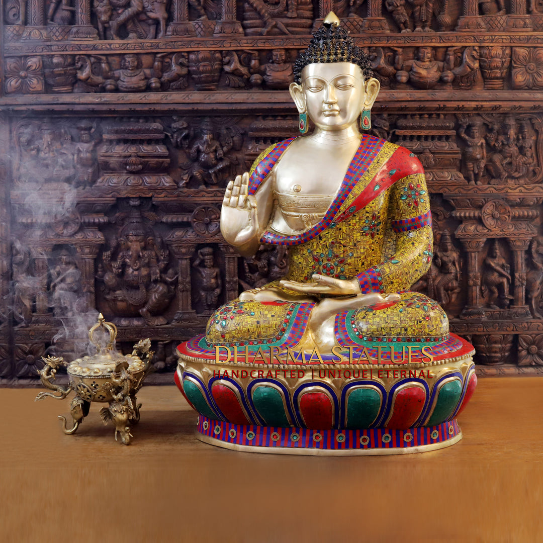 Brass Buddha seated in Blessing Posture, Tiger Eye Stone Work 45"