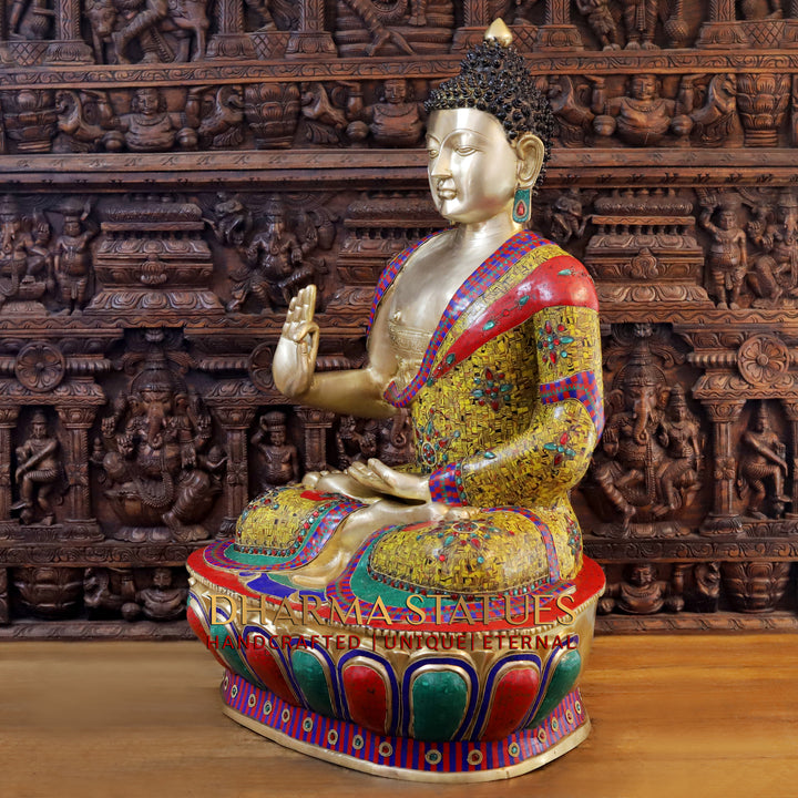 Brass Buddha seated in Blessing Posture, Tiger Eye Stone Work 45"