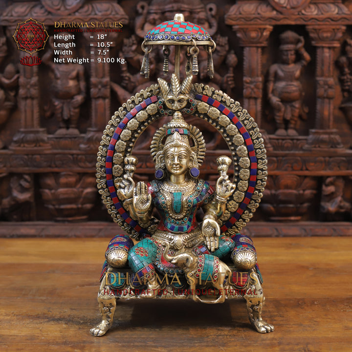 Brass Laxmi Statue seated on Throne with Elephant, Stone Work, 18”