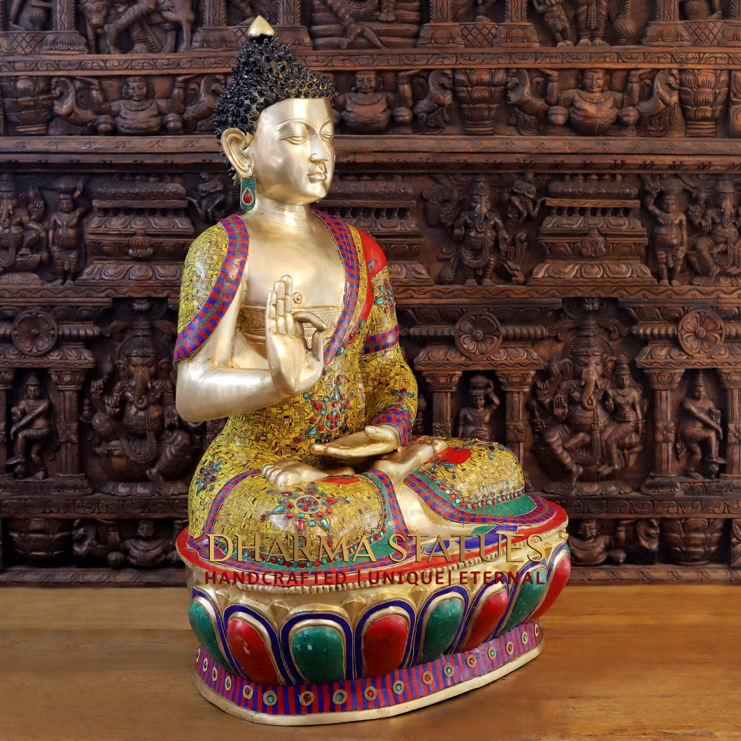 Brass Buddha seated in Blessing Posture, Tiger Eye Stone Work 45"