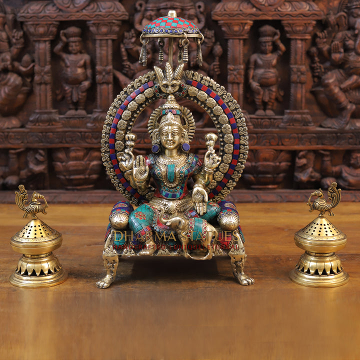 Brass Laxmi Statue seated on Throne with Elephant, Stone Work, 18”