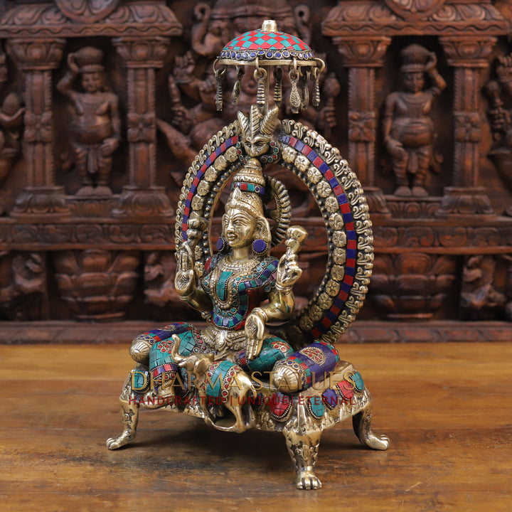 Brass Laxmi Statue seated on Throne with Elephant, Stone Work, 18”