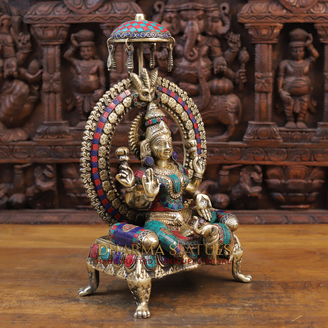 Brass Laxmi Statue seated on Throne with Elephant, Stone Work, 18”