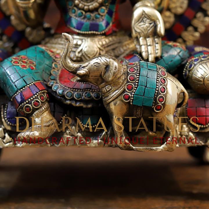 Brass Laxmi Statue seated on Throne with Elephant, Stone Work, 18”