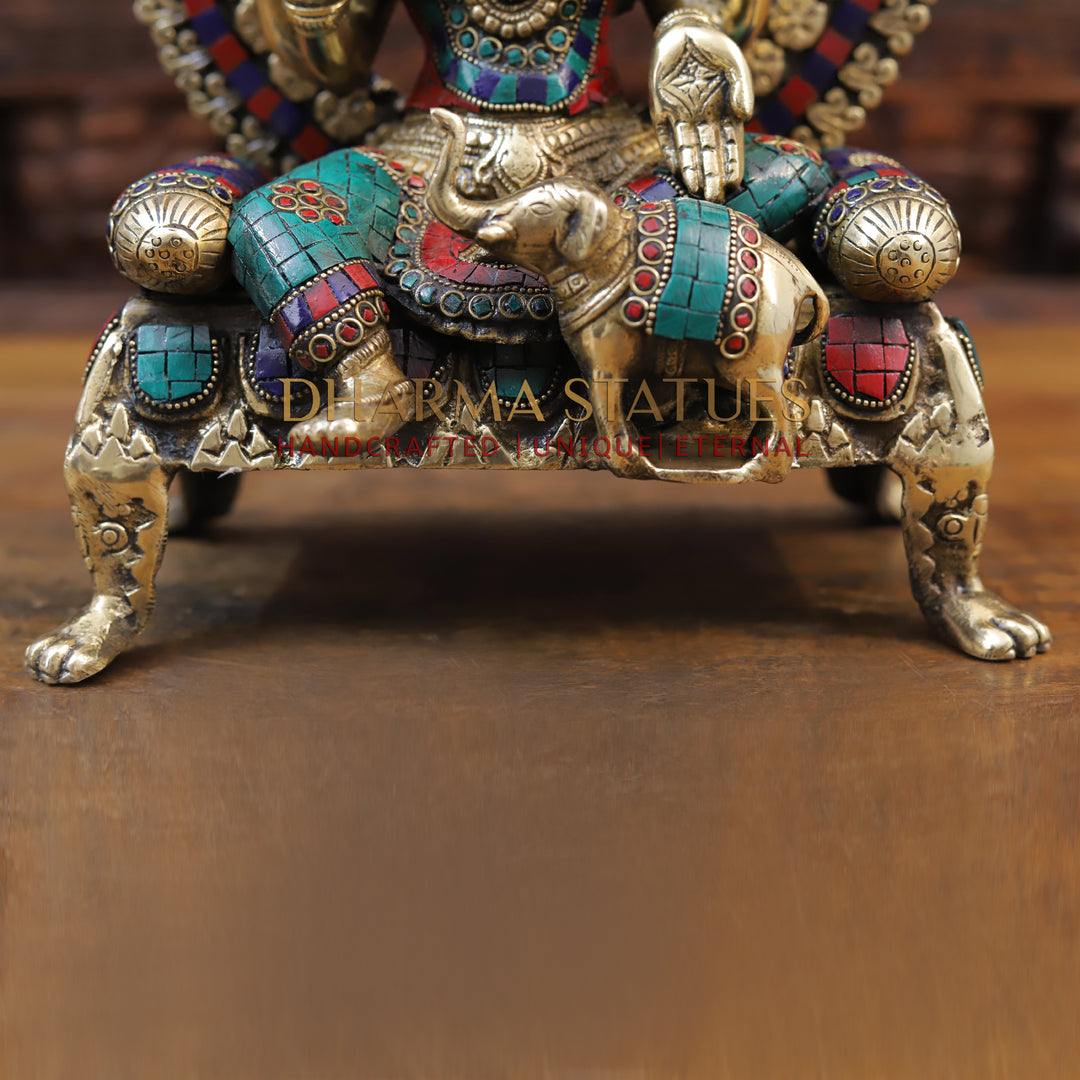 Brass Laxmi Statue seated on Throne with Elephant, Stone Work, 18”