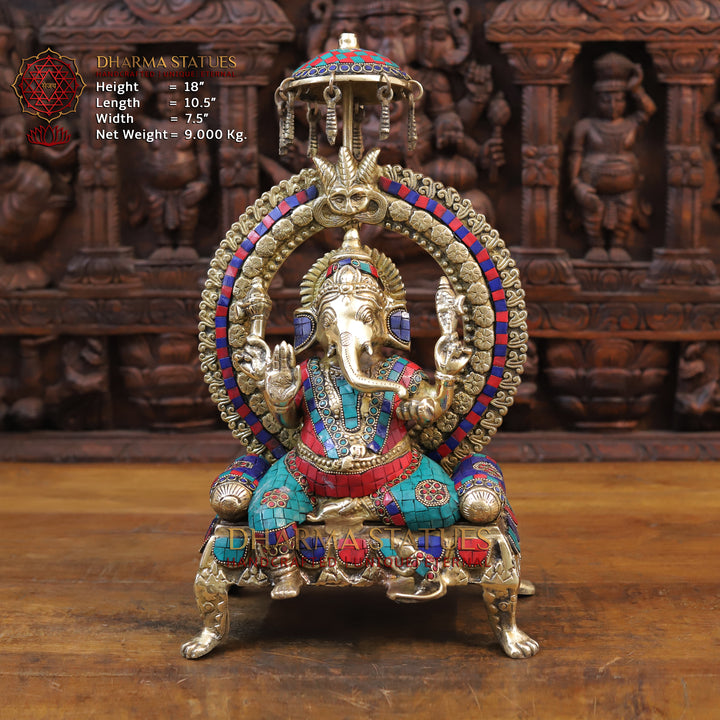 Brass Ganesh seated on Throne, Golden Finish & Stone work, 18”