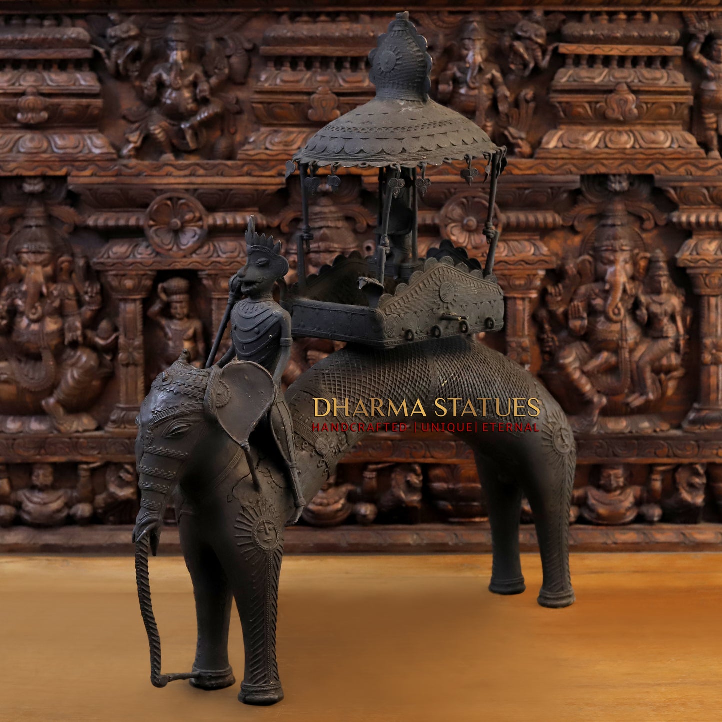 Brass Elephant with Mahout, Black Patina Finish, 32"