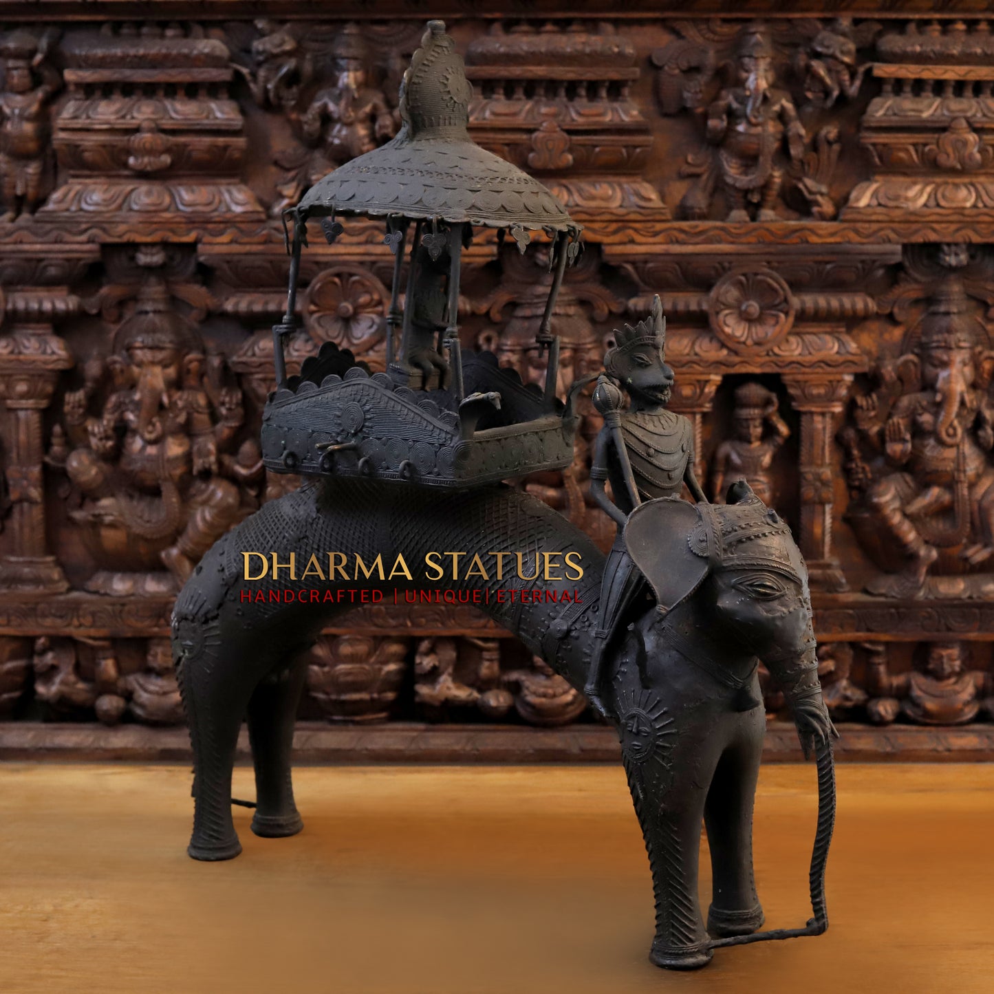 Brass Elephant with Mahout, Black Patina Finish, 32"
