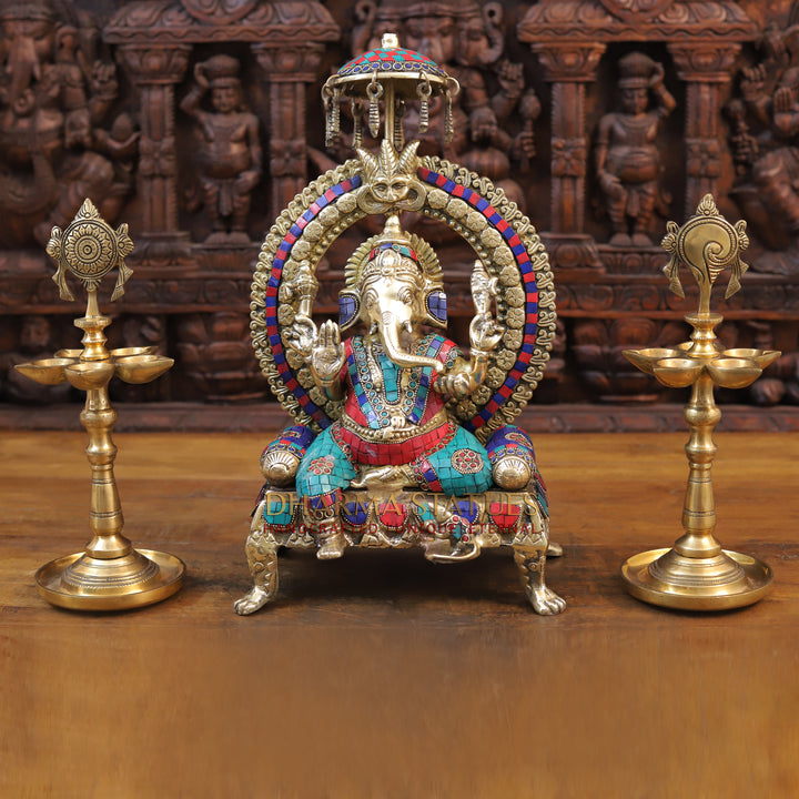 Brass Ganesh seated on Throne, Golden Finish & Stone work, 18”