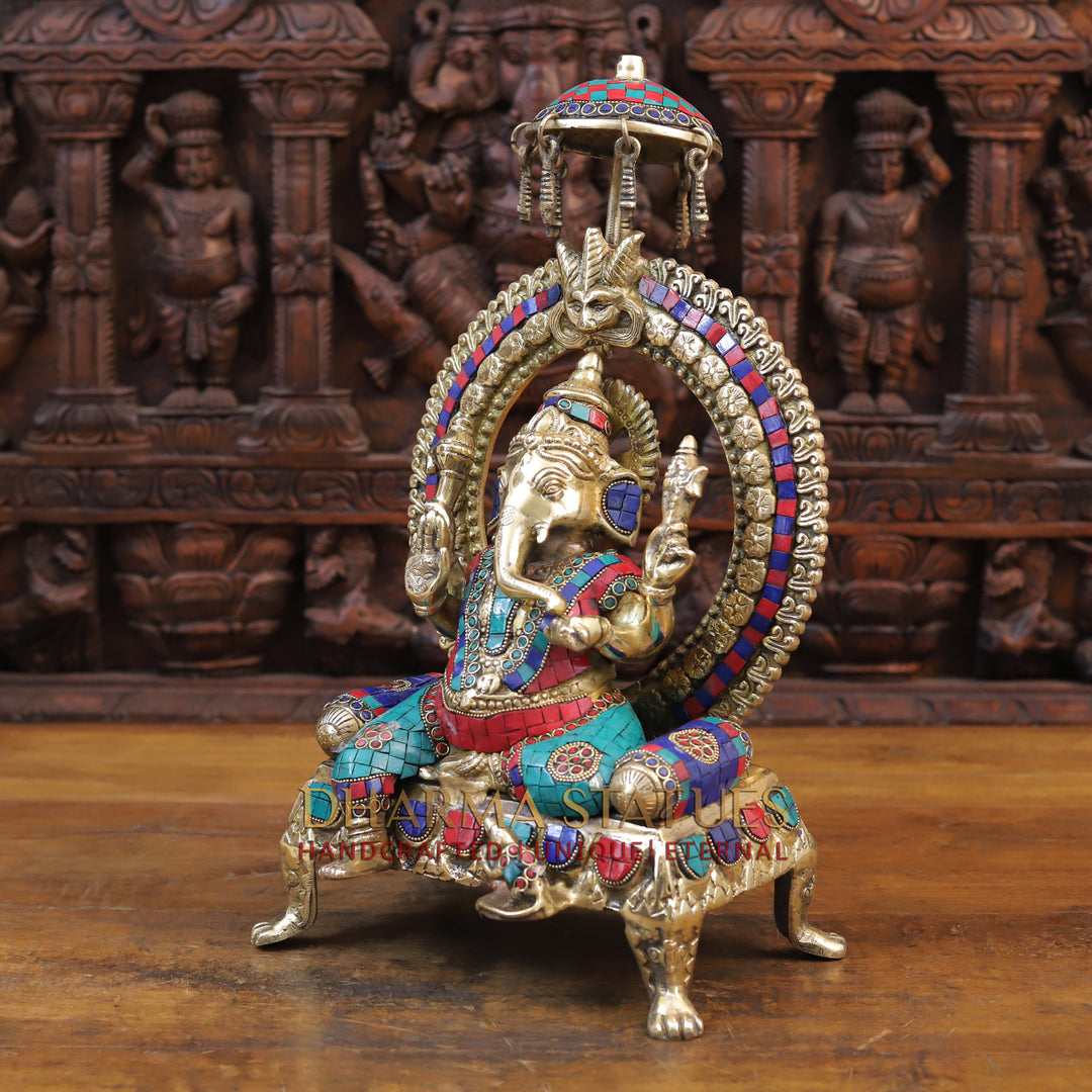 Brass Ganesh seated on Throne, Golden Finish & Stone work, 18”