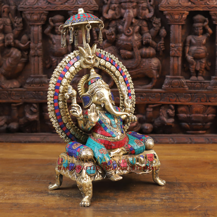 Brass Ganesh seated on Throne, Golden Finish & Stone work, 18”