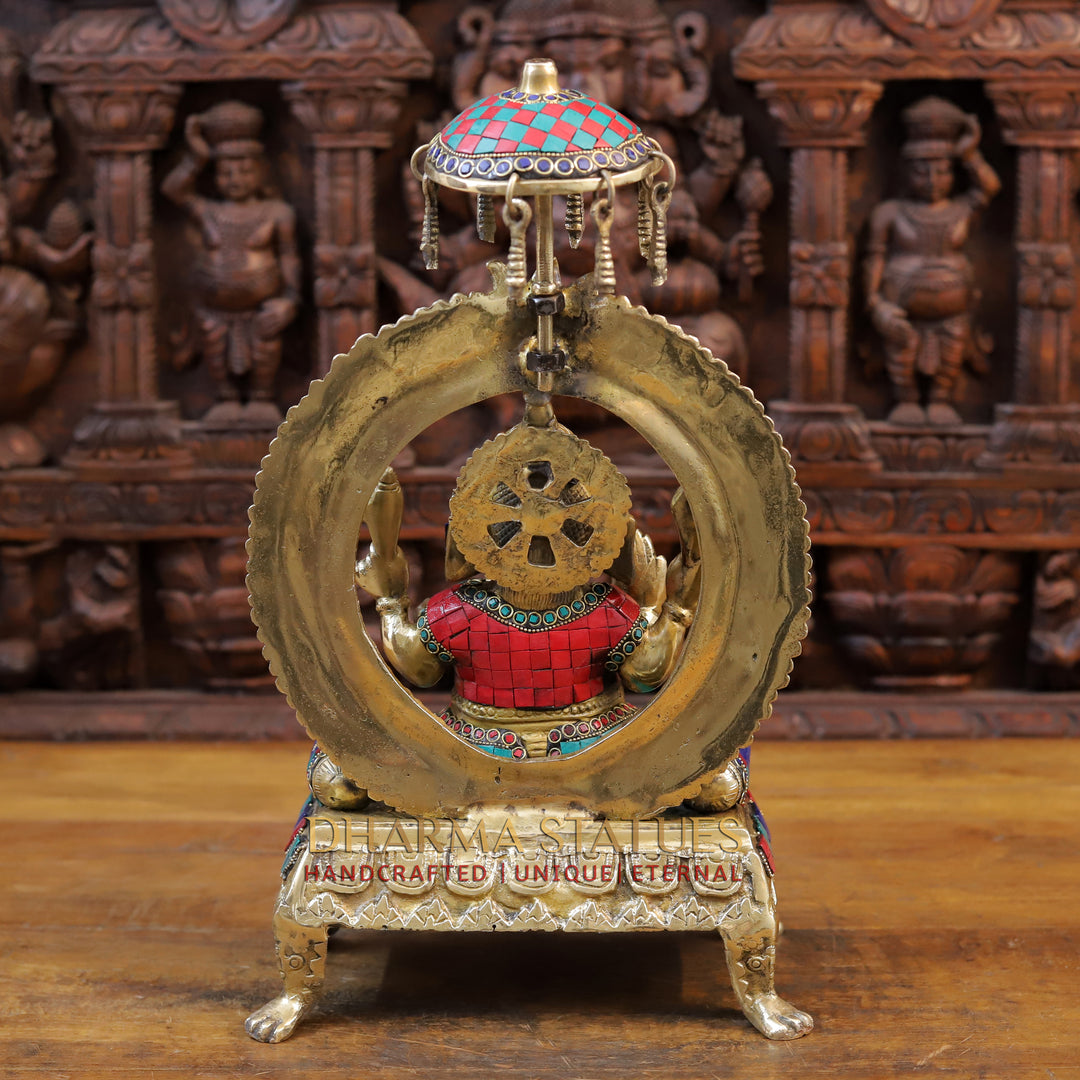 Brass Ganesh seated on Throne, Golden Finish & Stone work, 18”