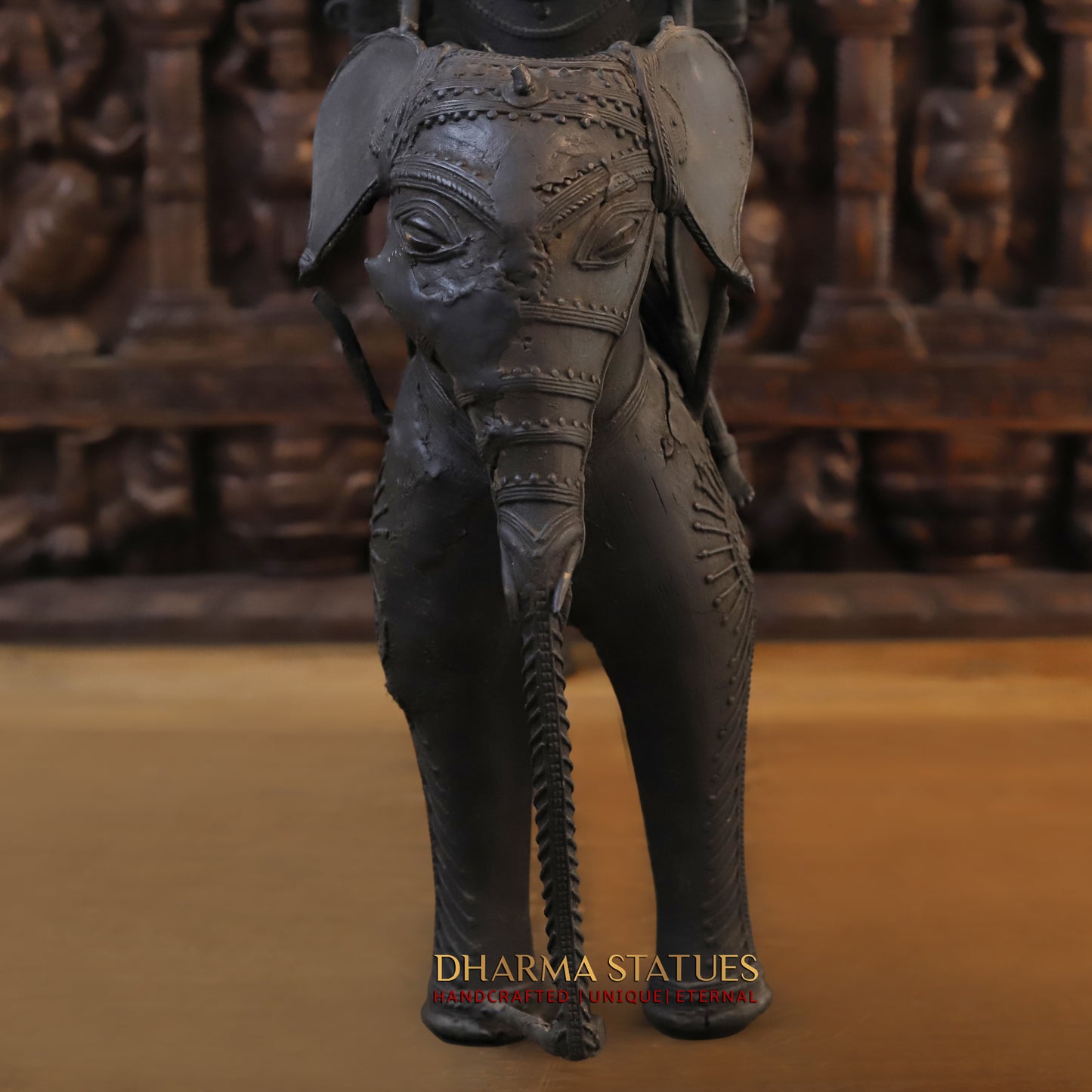 Brass Elephant with Mahout, Black Patina Finish, 32"