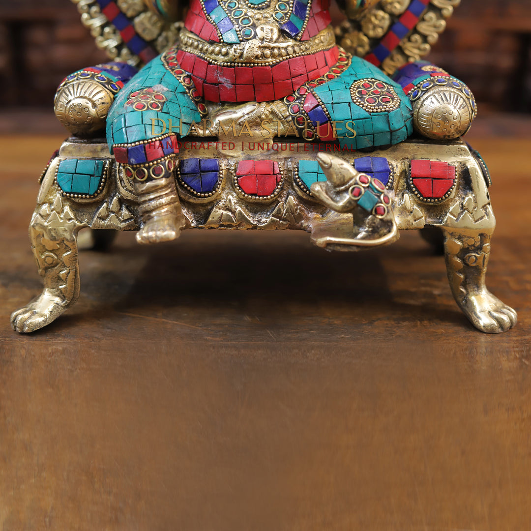 Brass Ganesh seated on Throne, Golden Finish & Stone work, 18”