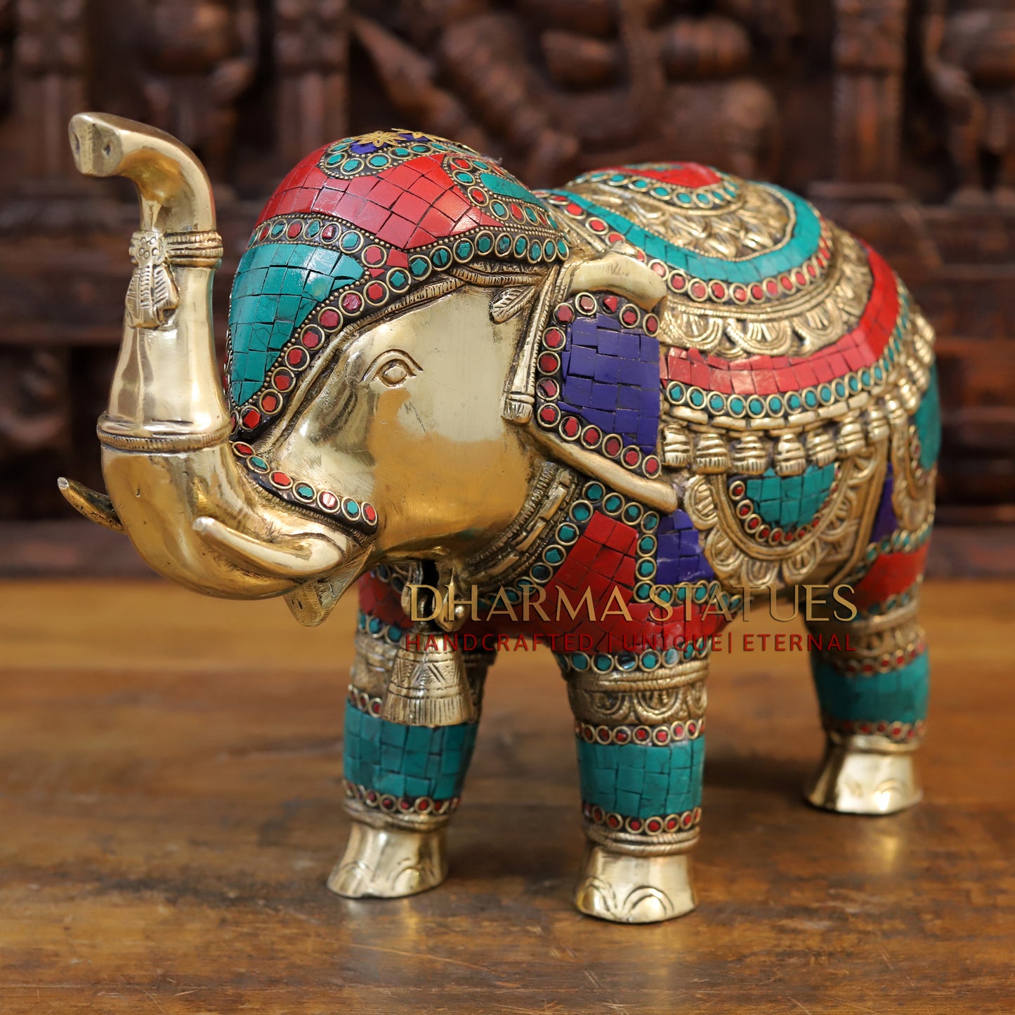 Brass Stone Carved Elephant, Golden Finish, 12"
