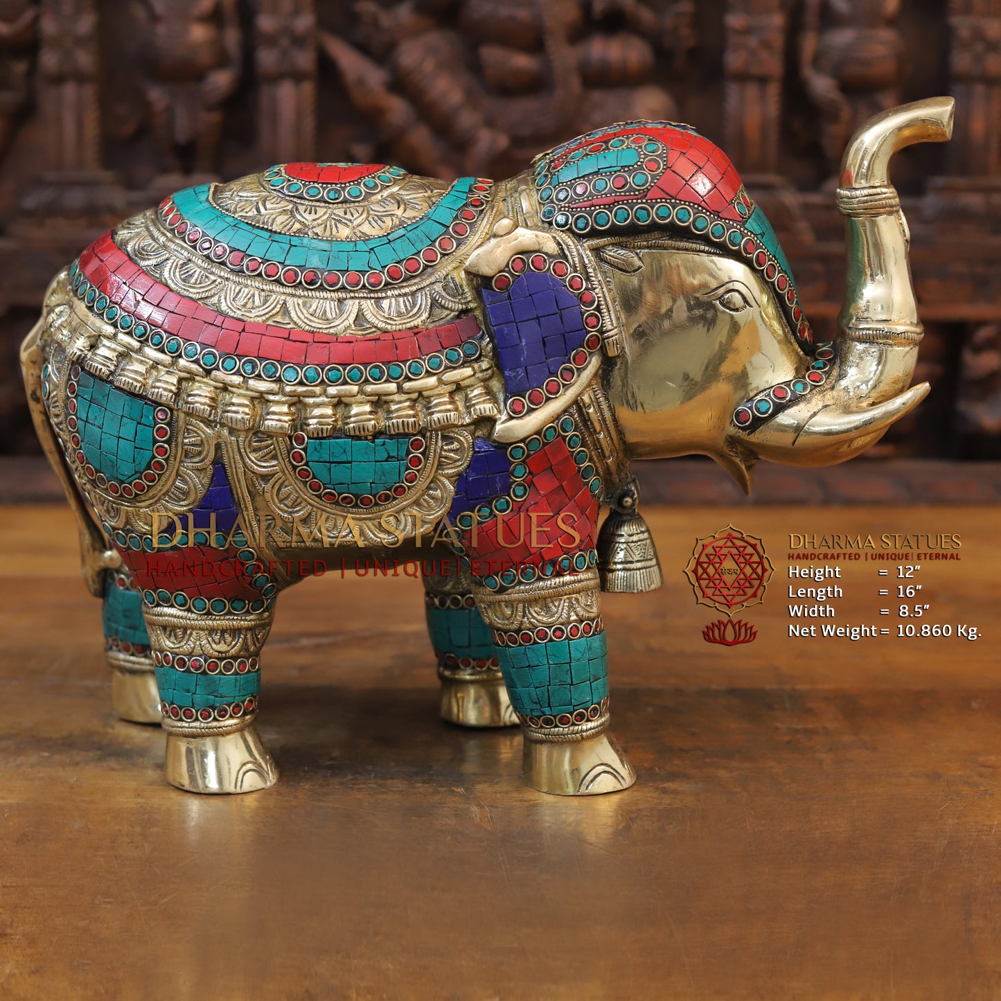 Brass Stone Carved Elephant, Golden Finish, 12"