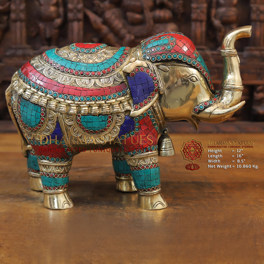 Brass Stone Carved Elephant, Golden Finish, 12"