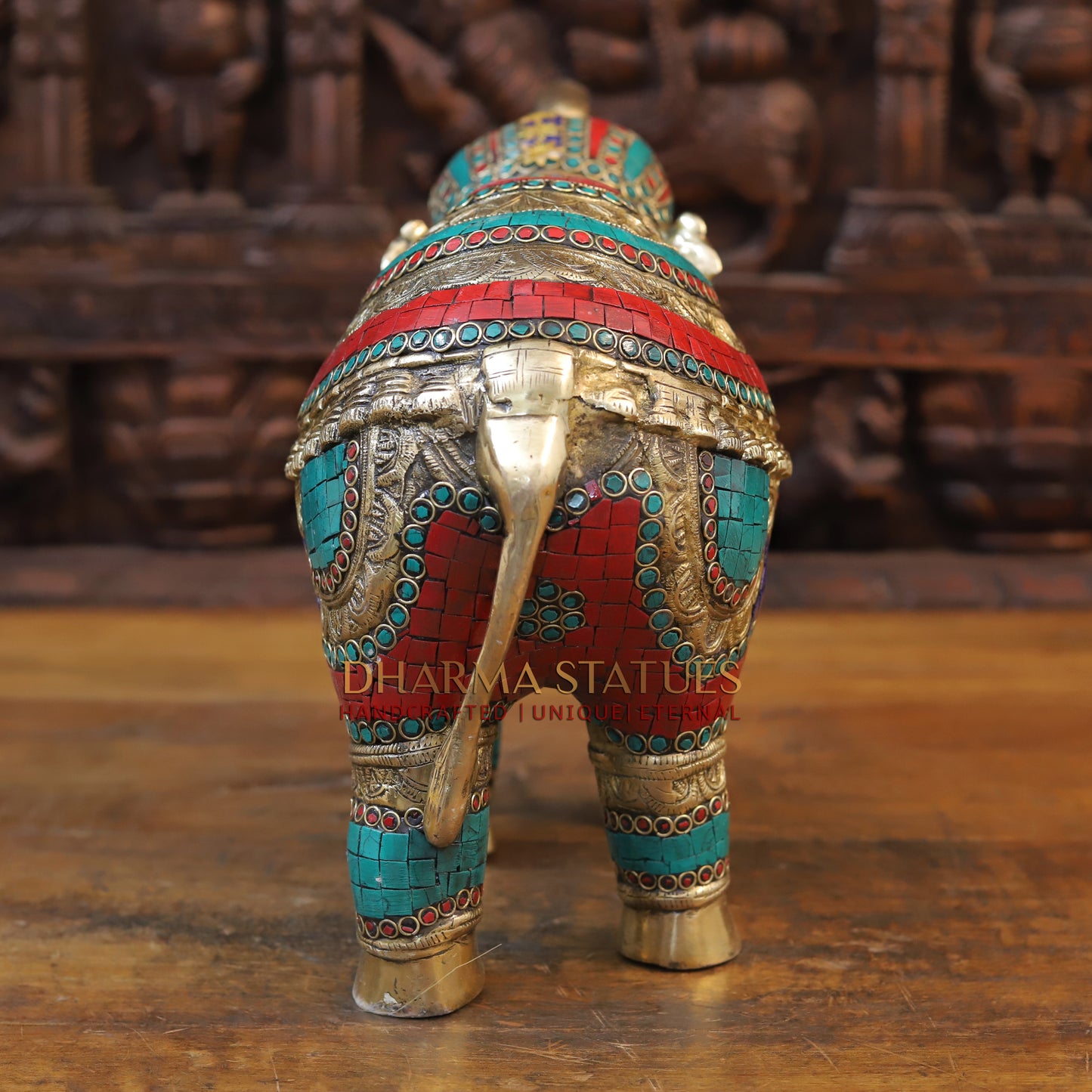 Brass Stone Carved Elephant, Golden Finish, 12"