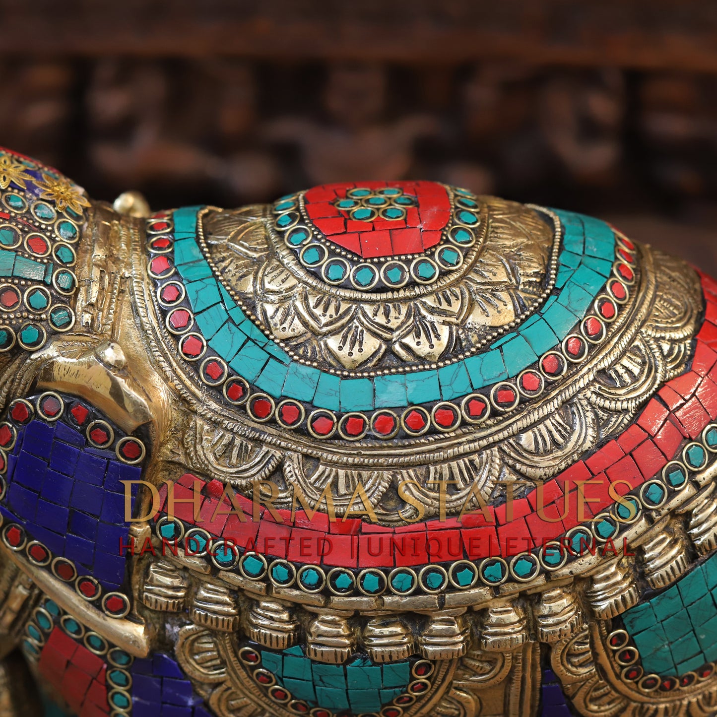 Brass Stone Carved Elephant, Golden Finish, 12"
