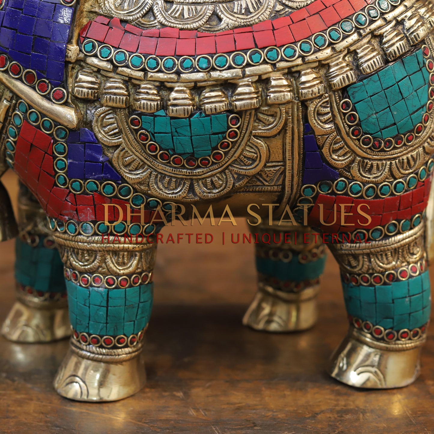 Brass Stone Carved Elephant, Golden Finish, 12"