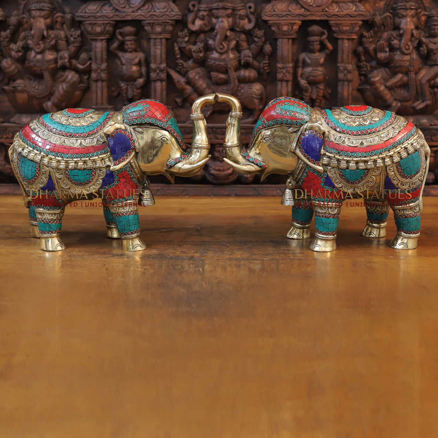 Brass Stone Carved Elephant, Golden Finish, 12"