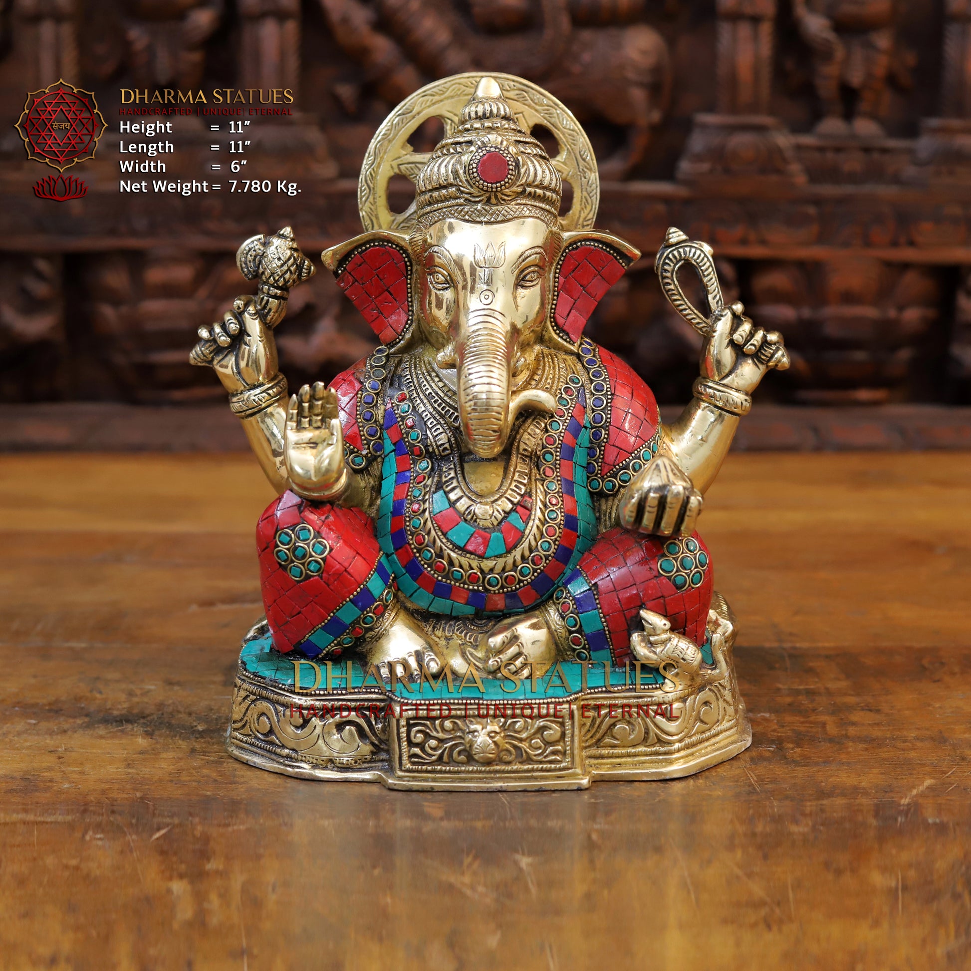 Brass Ganesh Statue with Stone Work, Golden Finish, 11" Front View
