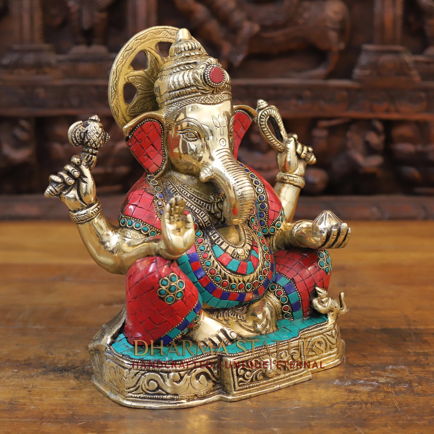 Brass Ganesh Statue with Stone Work, Golden Finish, 11"