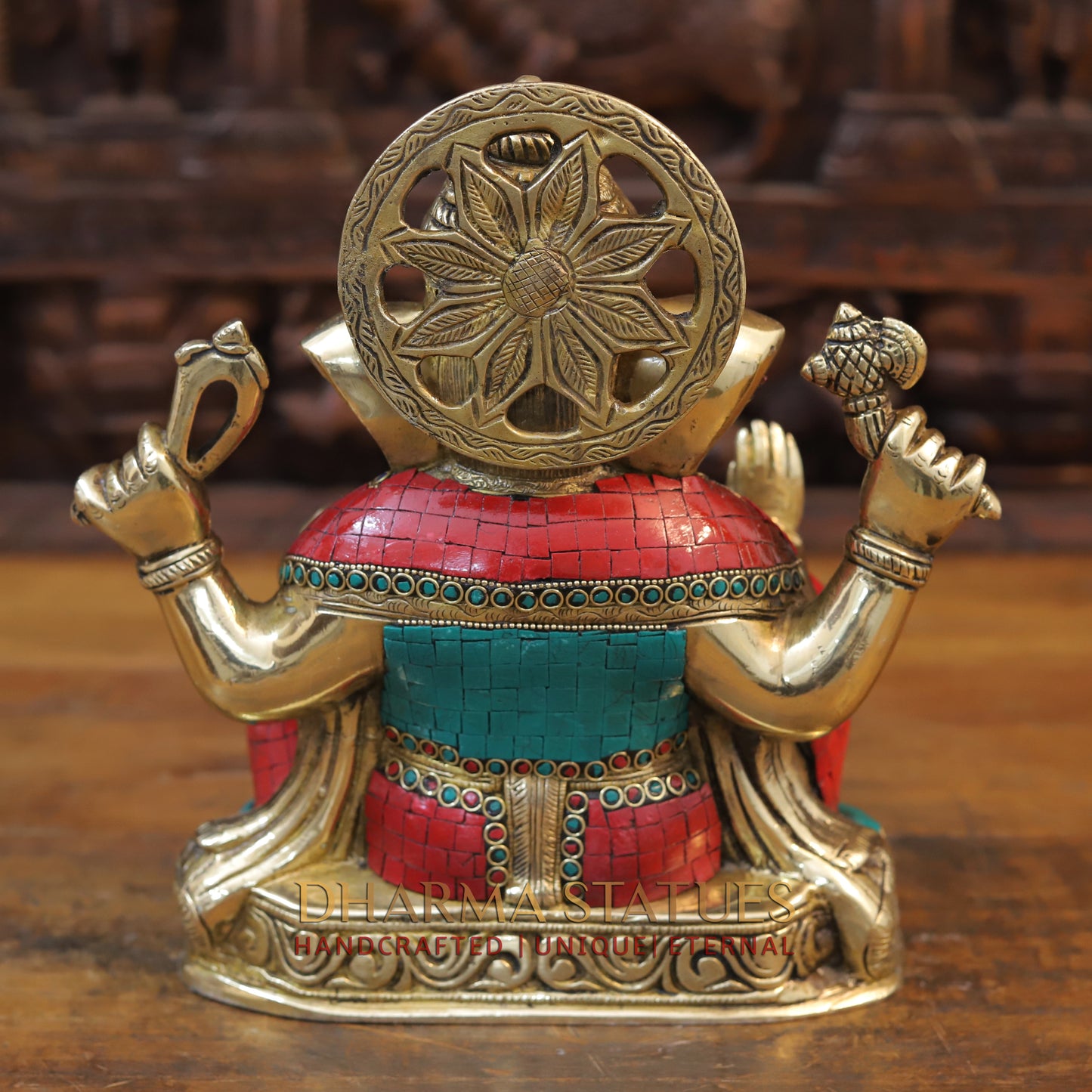Brass Ganesh Statue with Stone Work, Golden Finish, 11"