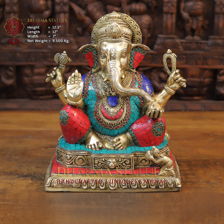 Brass Ganesh seated with rat in square base, Stonework, 12.5”