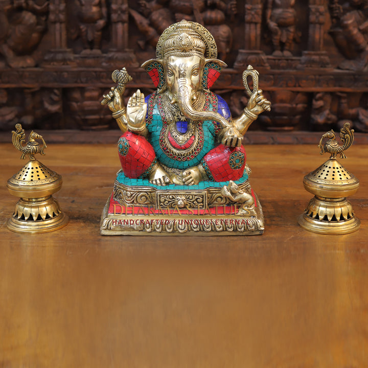 Brass Ganesh seated with rat in square base, Stonework, 12.5”