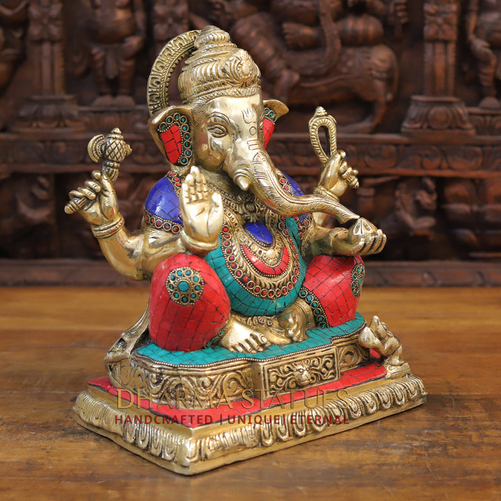 Brass Ganesh seated with rat in square base, Stonework, 12.5”