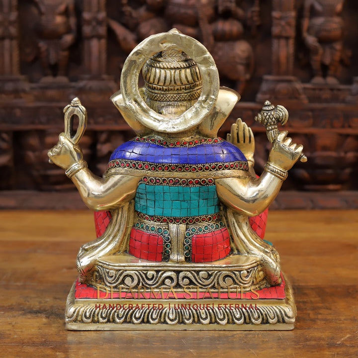 Brass Ganesh seated with rat in square base, Stonework, 12.5”