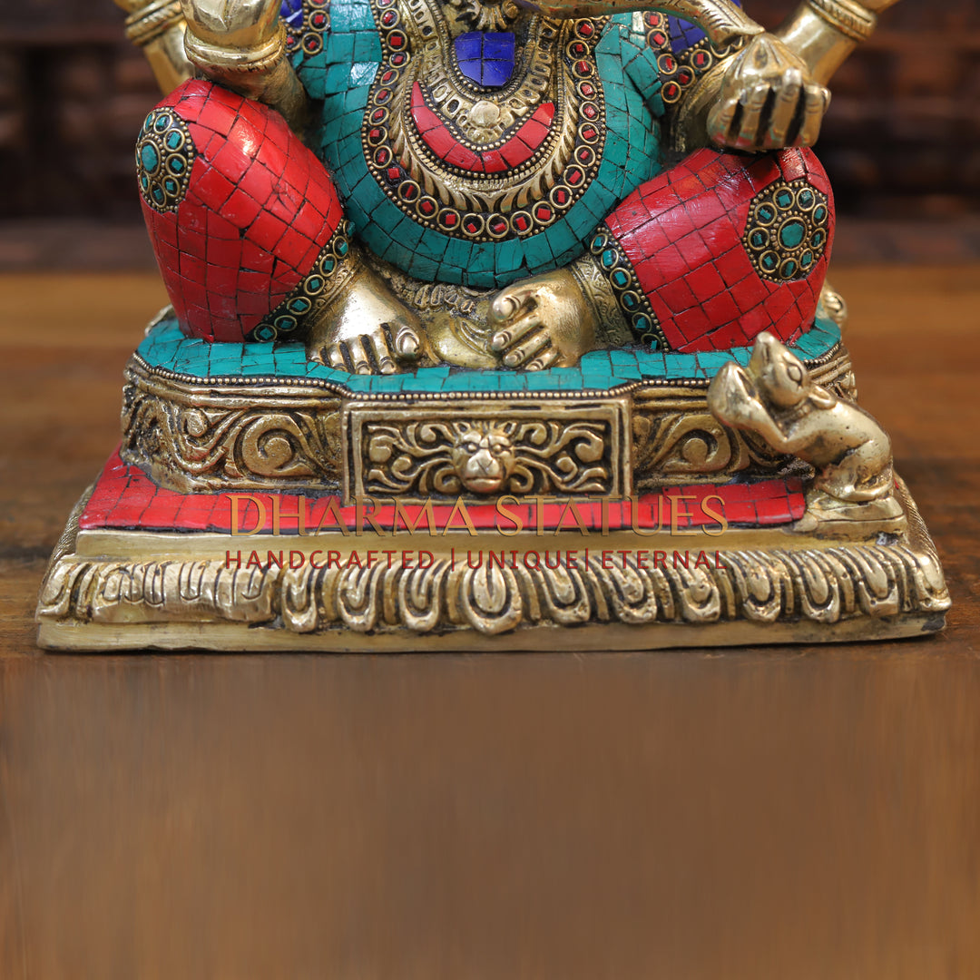 Brass Ganesh seated with rat in square base, Stonework, 12.5”