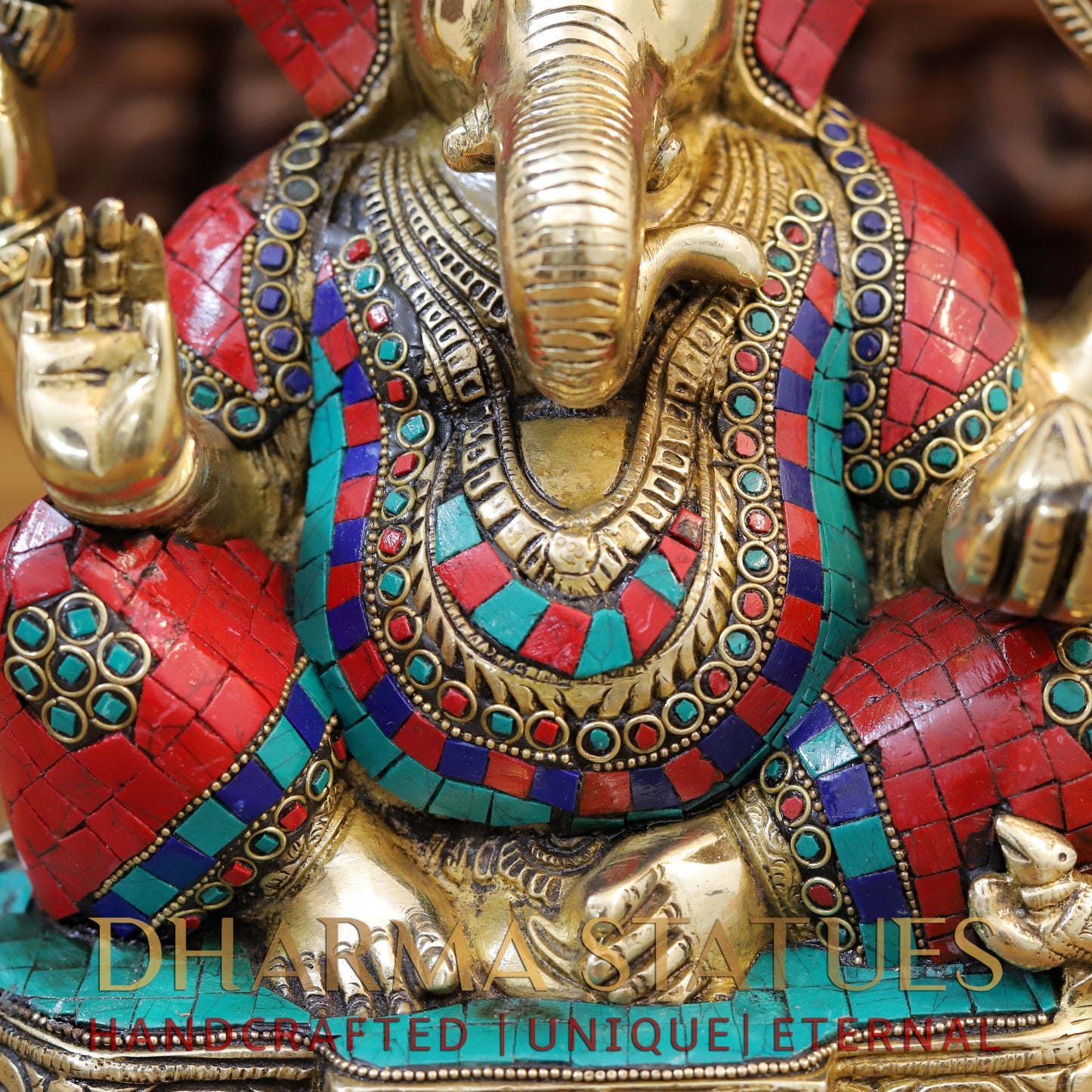Brass Ganesh Statue with Stone Work, Golden Finish, 11"